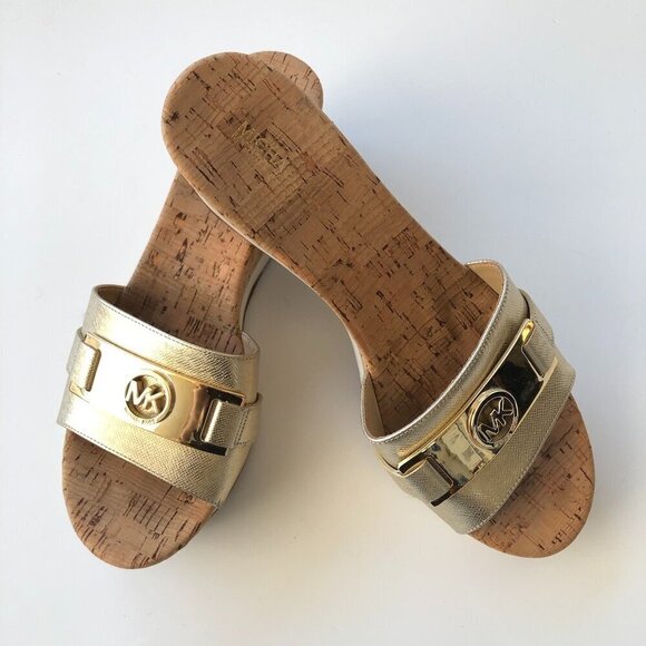 Michael Kors MK Warren Leather Platform Cork Slide Sandals Gold Logo Plate 10M - Picture 3 of 16